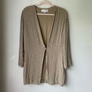 Vintage 90s Pamela Dennis Beige 100% Silk Rhinestone Encrusted Jacket 10